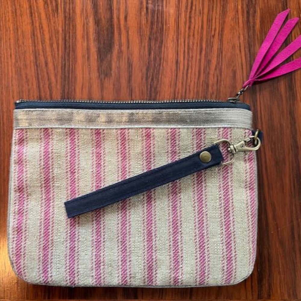 Calliope Wristlet Pouch Cosmetic Cotton VTG Inspired Red & Beige Stripe Pattern